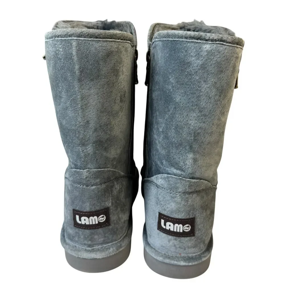 Lamo Zipper Grey Suede Water & Stain Resistant Boots Sz 8 Faux Fur Mid Calf